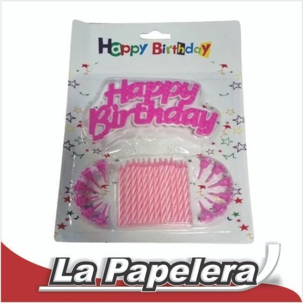 SET 12 VELAS Y CARTEL HAPPY BIRTHDAY LIVORNO ROSA (6069)